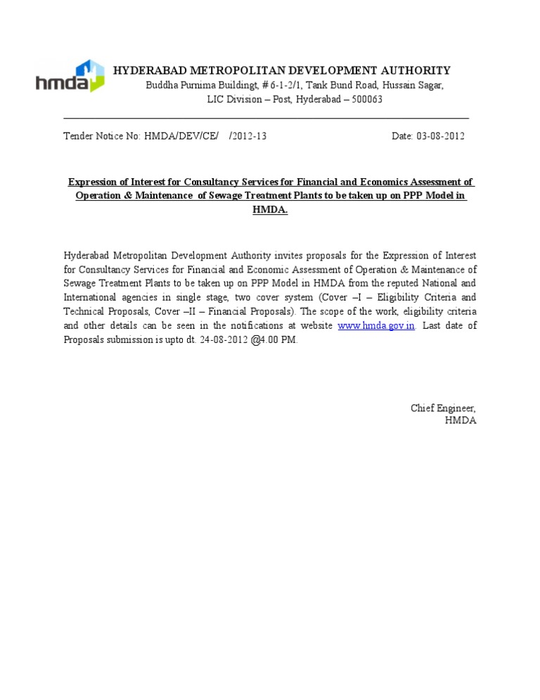 HMDA Tender for Sewage Treatment Consultancy | PDF