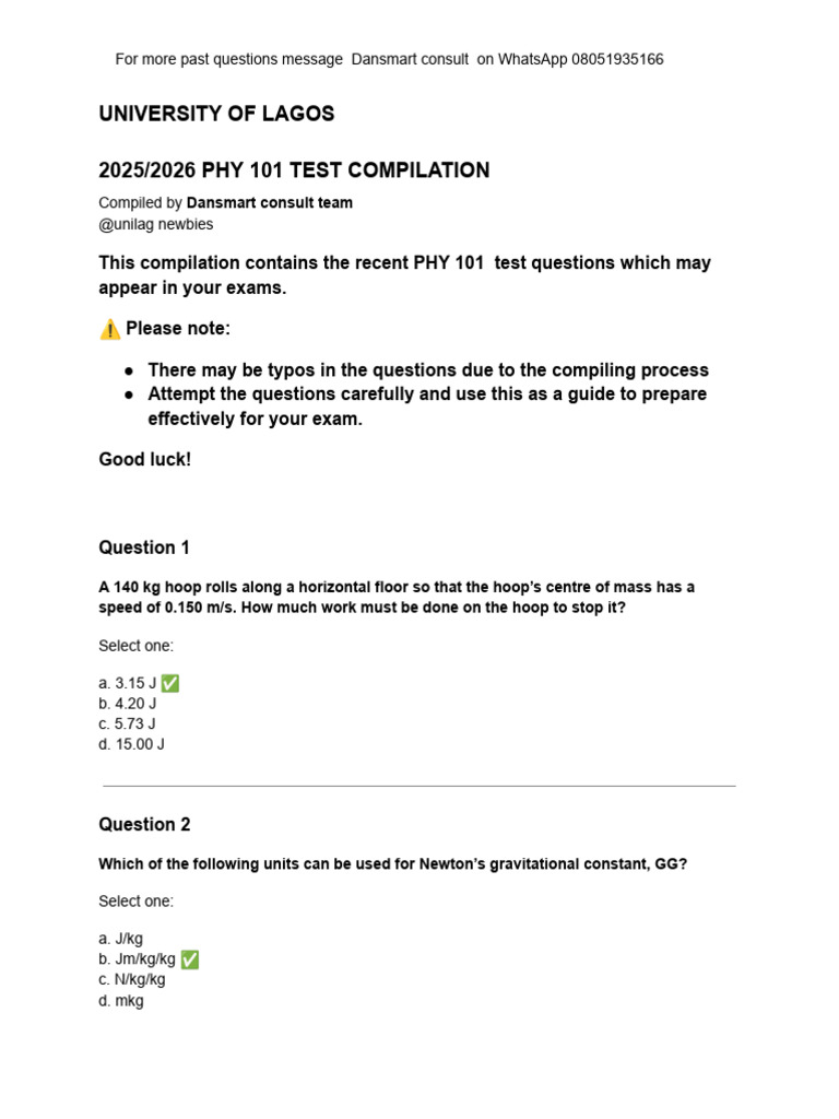 Dansmart PHY 101 Test Compilation | PDF | Force | Acceleration