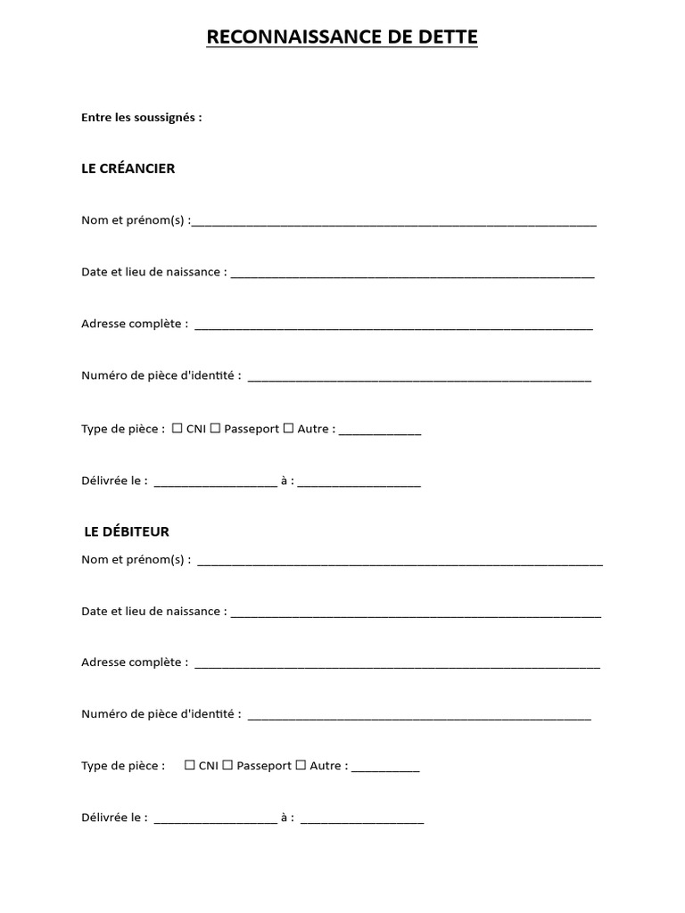 Reconnaissance de Dette | PDF | Débiteur | Dettes