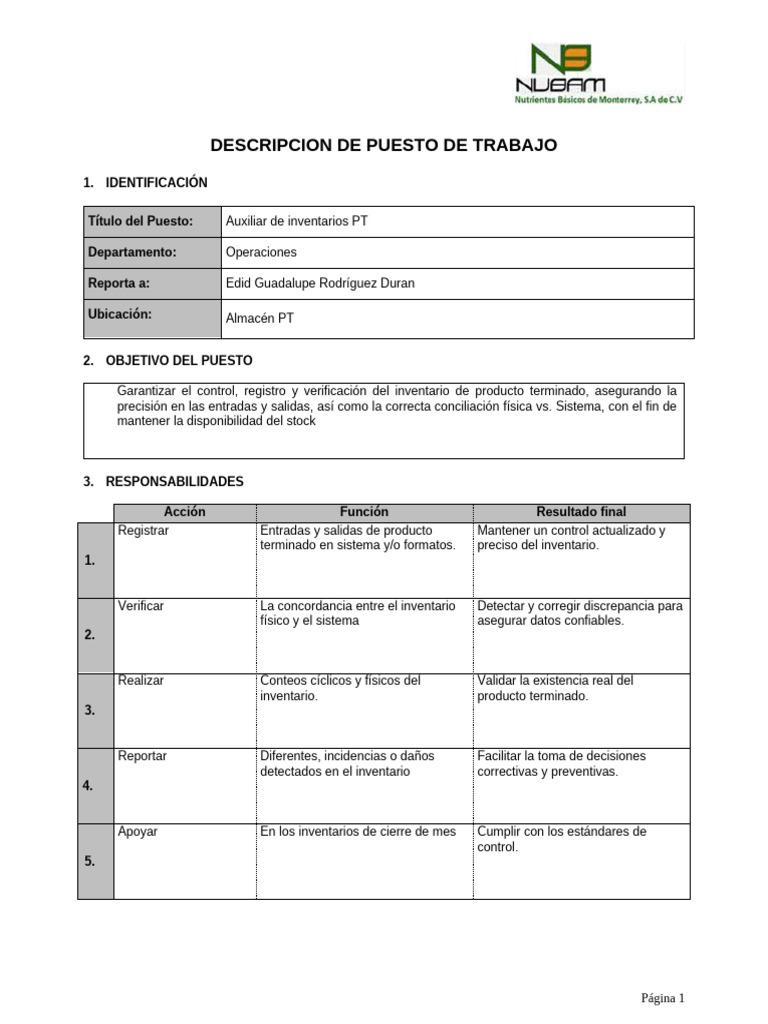 Descripcion de Puesto AUX INV PT | PDF