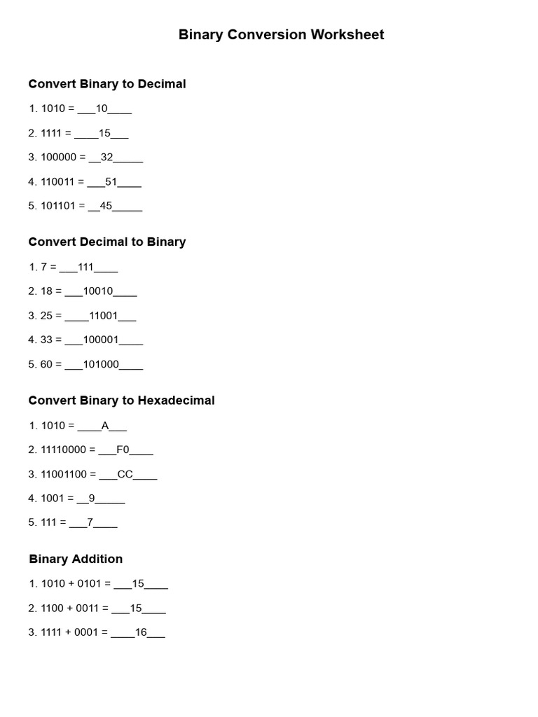 Binary Conversion Worksheet | PDF