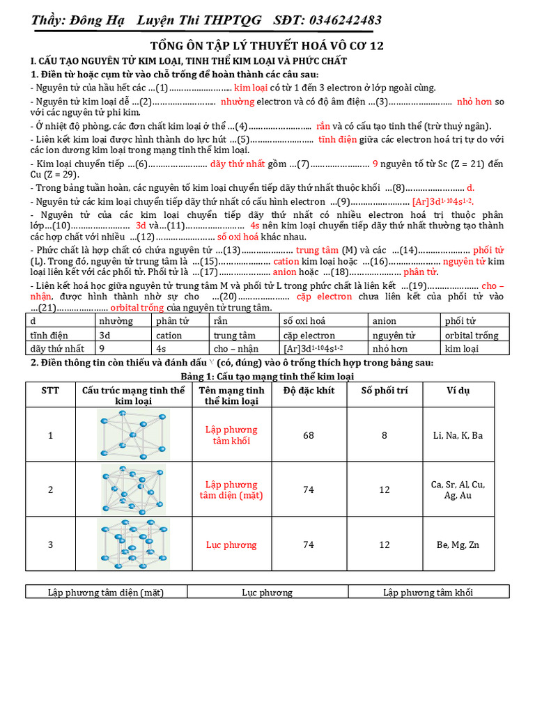 đáp án lý thuyết vô cơ 12 | PDF