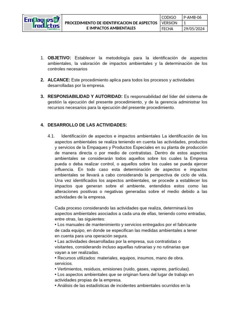 Procedimiento de Identificacion de Aspectos Ambientales | PDF