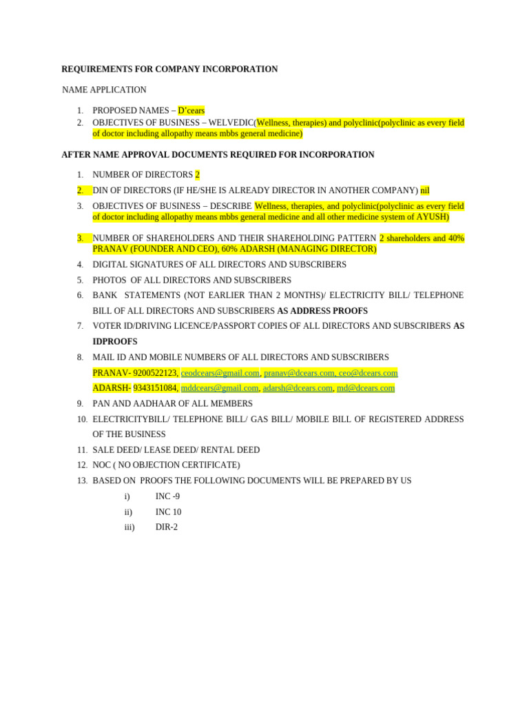Checklist For Company Incorporation | PDF