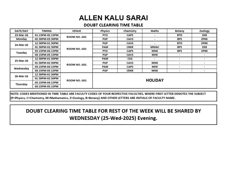 Doubt Counter Time Table (23-26 Mar 2026) | PDF