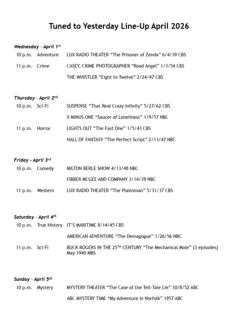 Tuned To Yesterday Schedule April 2026 | PDF | Cbs | Nbc
