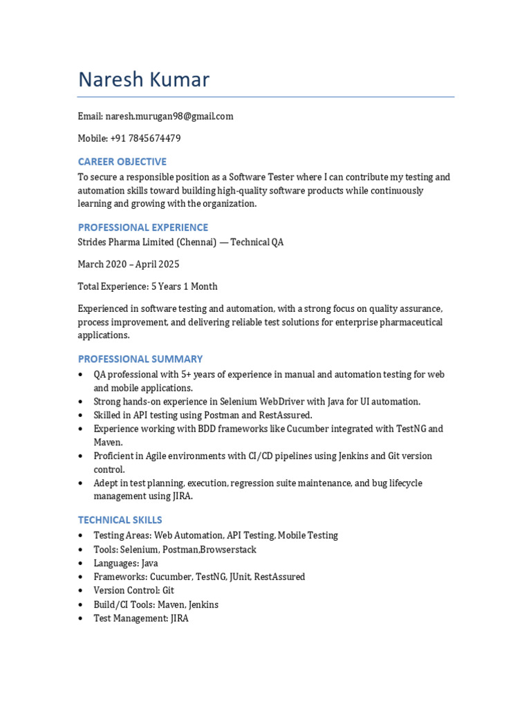 NareshKumar Resume | PDF | Software Testing | Selenium (Software)