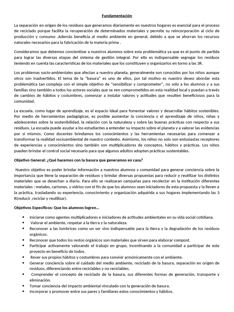 Borrador Proyecto La Basura | PDF | Residuos | Sustentabilidad