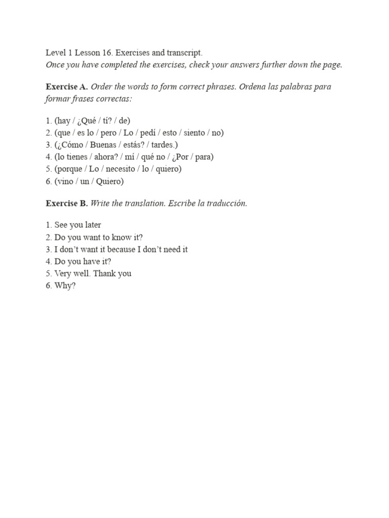 Level+1,+Lesson+16+Exercises | PDF