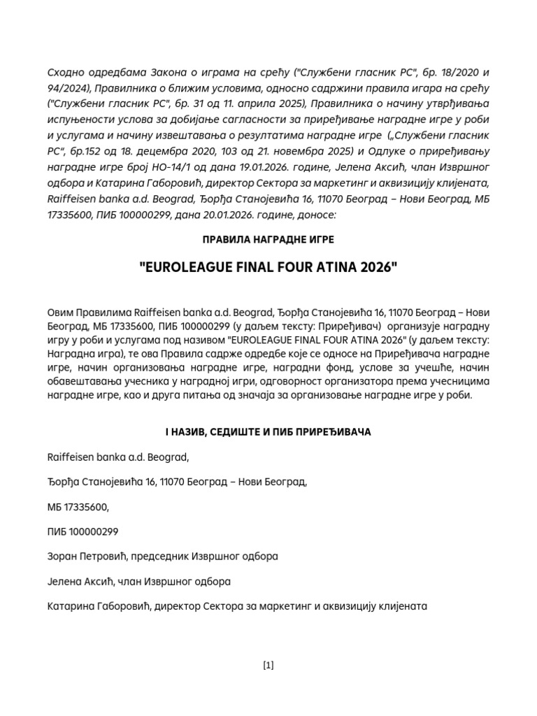 Pravila Nagradne Igre Euroleague Final Four Atina 2026 | PDF