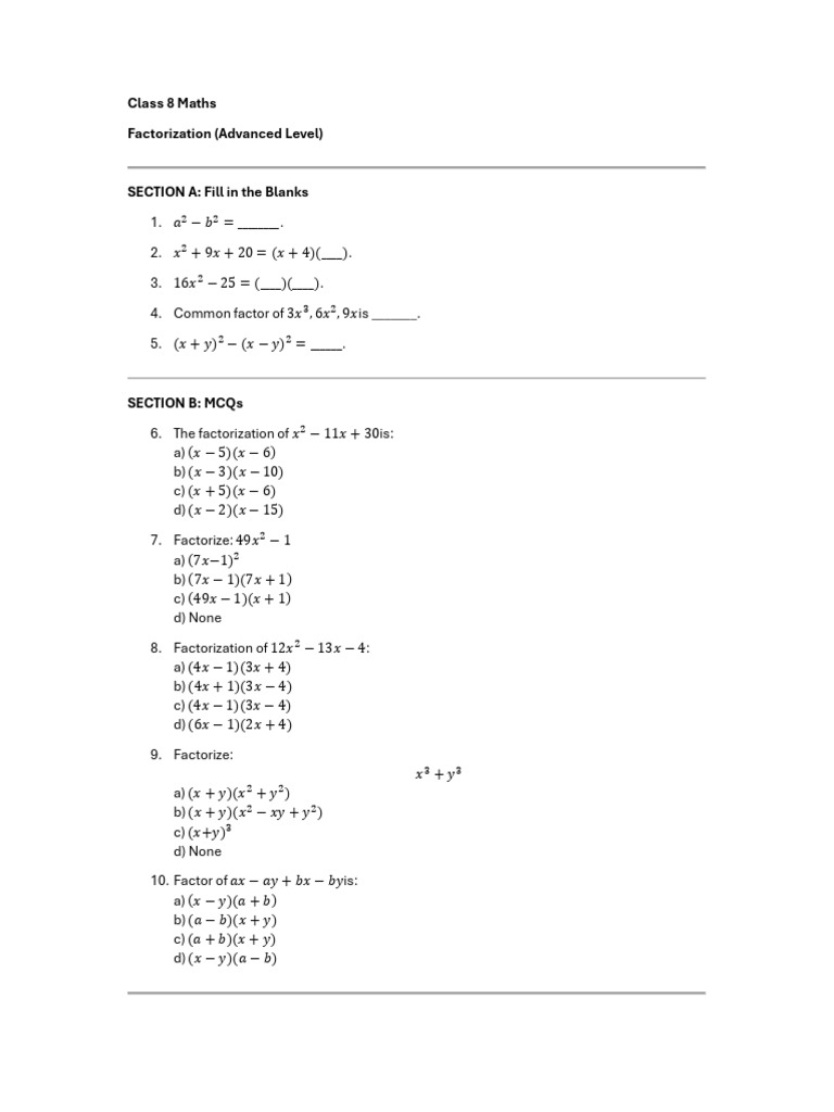 Class 8 Factorization (Advanced) | PDF
