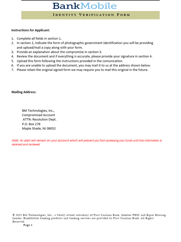 BankMobile Identity Verification Form v5 Updated 4-30-25 FCB | PDF ...