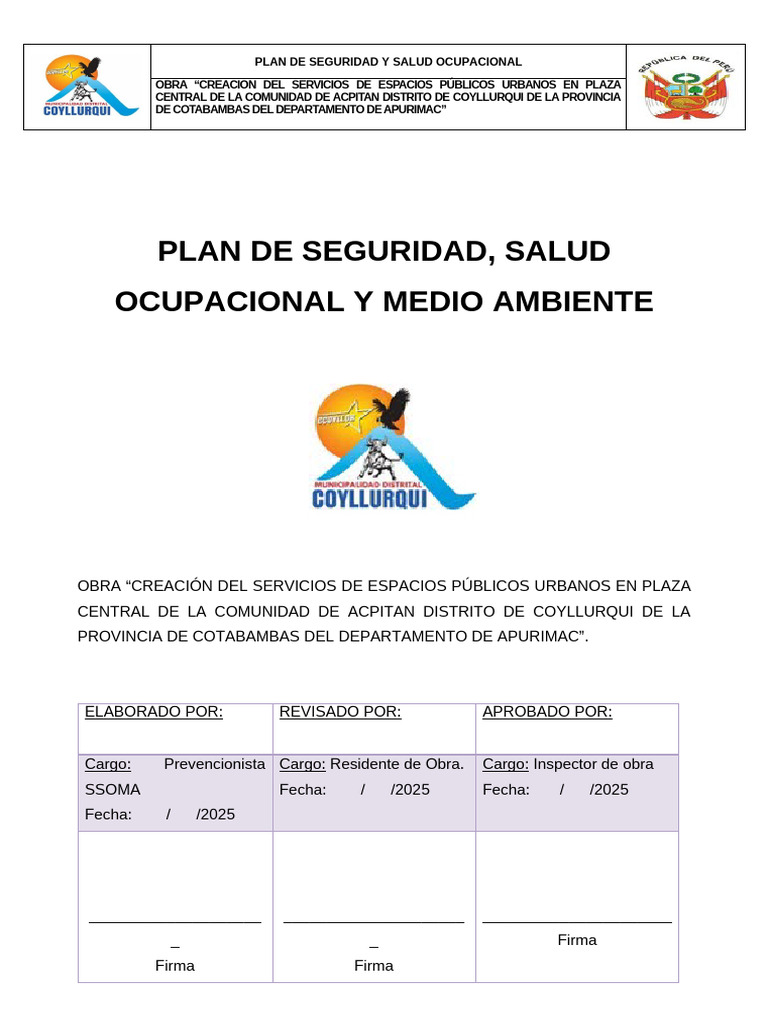 Plan de Seguridad Ssoma Acpitan | PDF | Seguridad y salud ocupacional ...