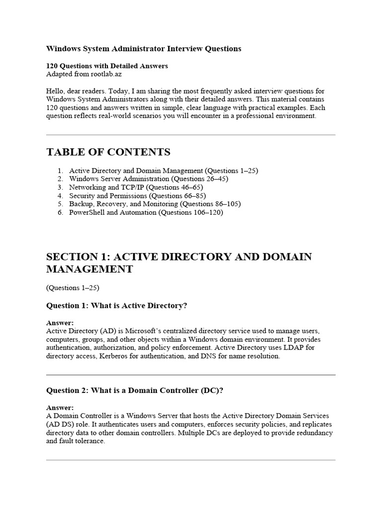 Windows System Administrator Interview 120 Questions | PDF | Active ...