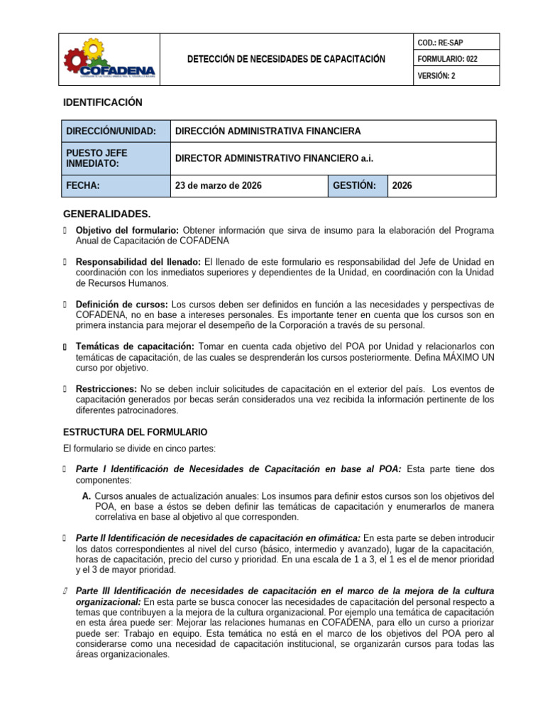 Form 022 Deteccion de Necesidades de Capacitacion | PDF | Contabilidad ...