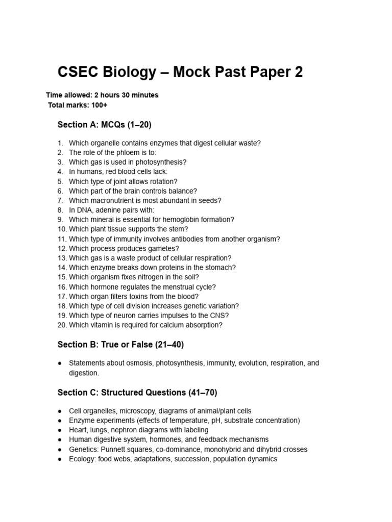 CSEC Biology - Mock Past Paper 2 | PDF | Cell (Biology) | Biology