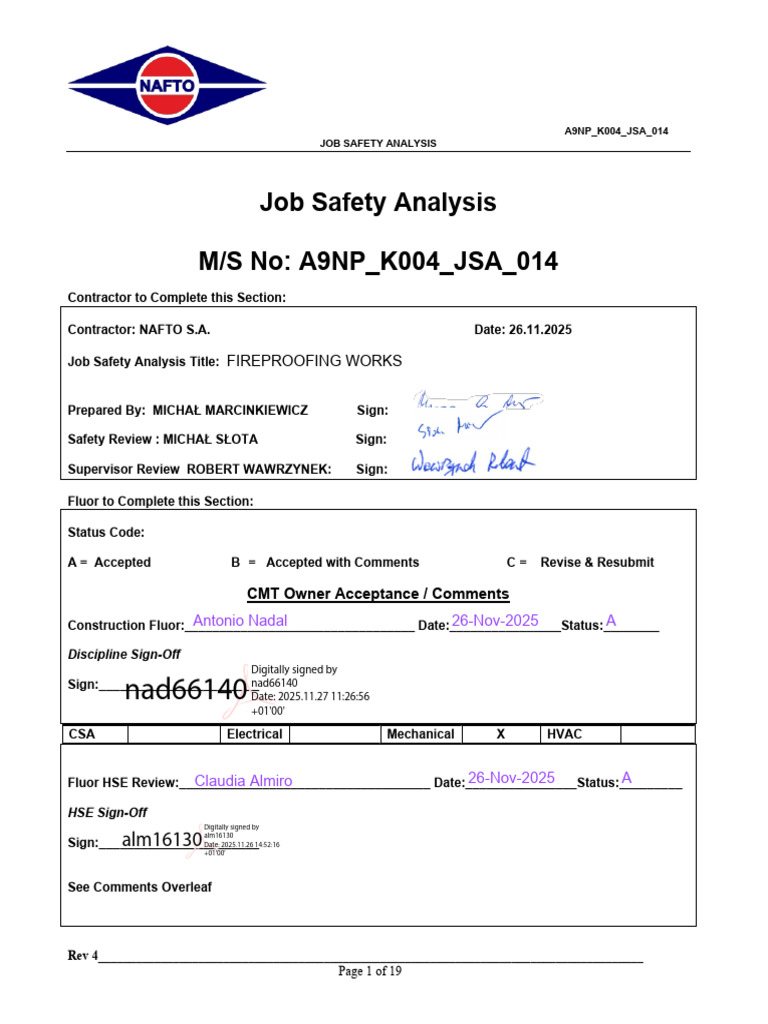 A9np - k004 - Jsa - 014 - A - Job Safety Analysis of Fireproofing Works ...