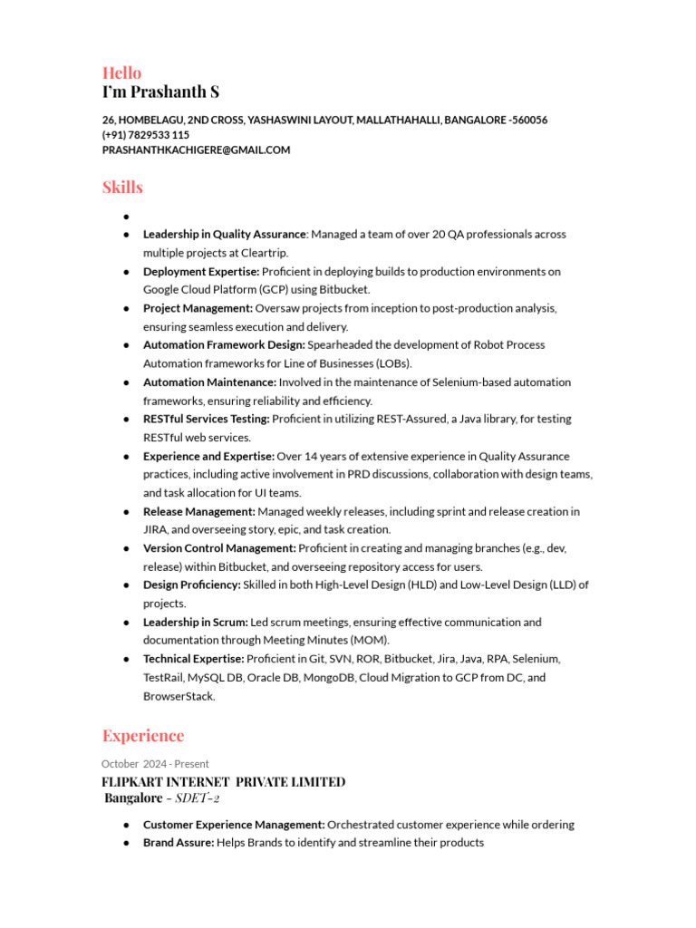 Prashanth S Resume | PDF | Cloud Computing | Customer Experience