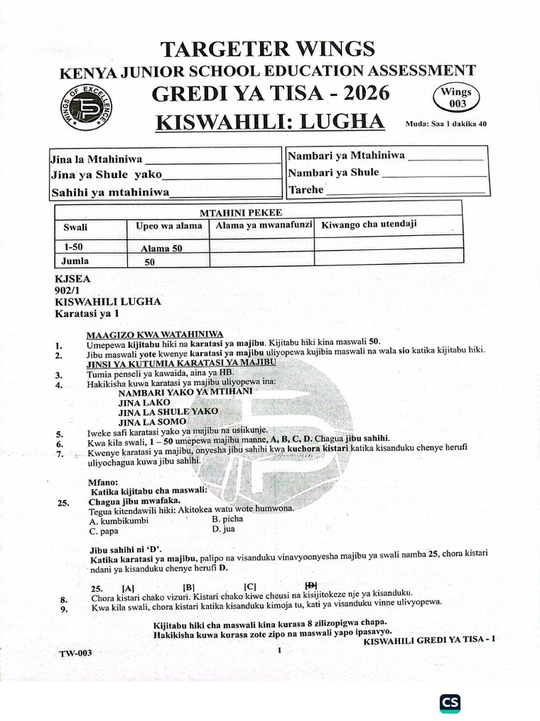 Targeter Wings 003 Grade 9 Kiswahili Pp1 | PDF