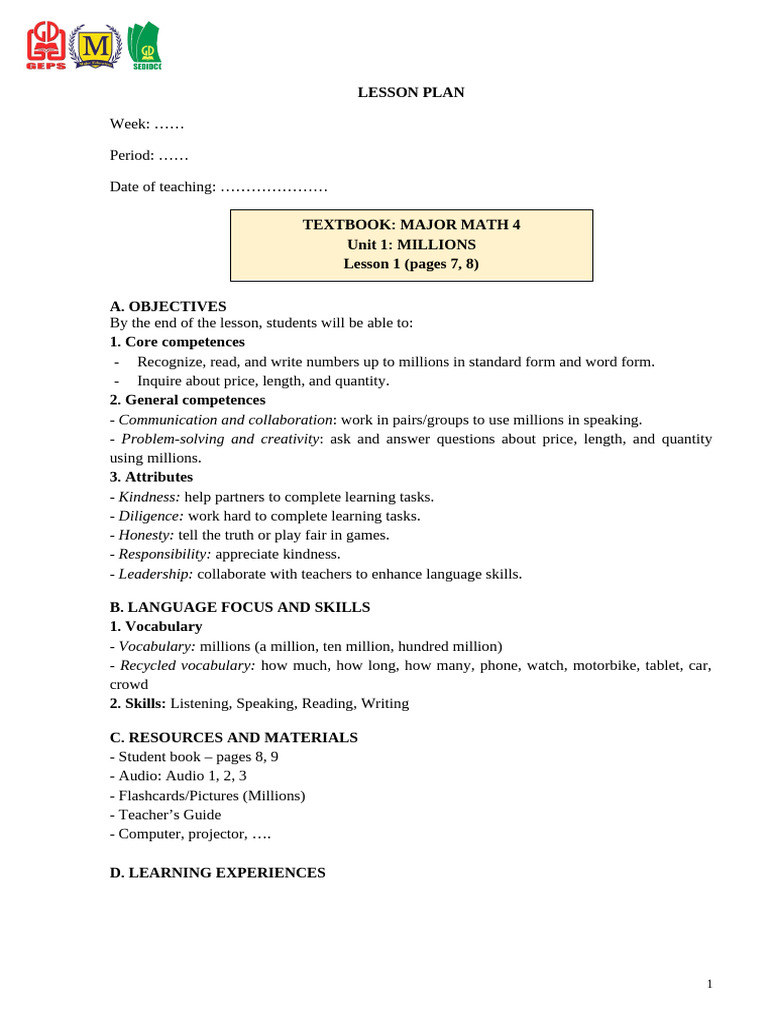 Major Math 4 - Unit 1 - Lesson 1 | PDF | Vocabulary | Cognitive Science