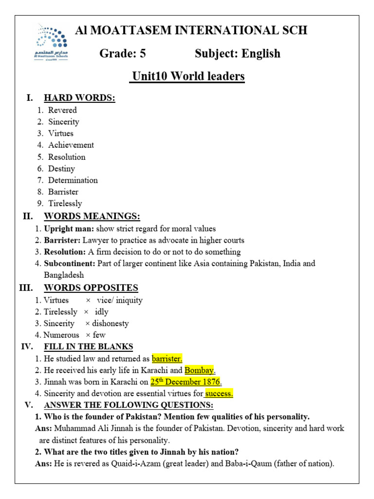 Grade 5 English Unit 10 Notes | PDF