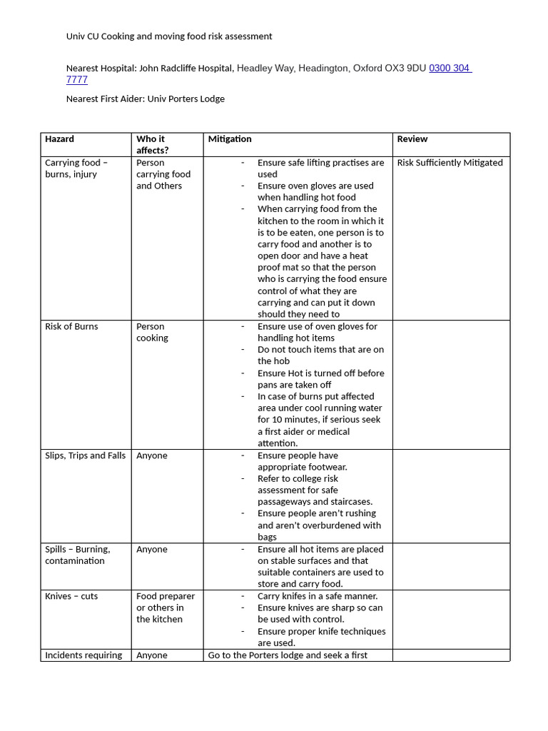 Univ CU Cooking Risk Assessment | PDF | Safety | Occupational Safety ...