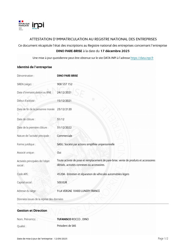 Export Portail Data DINO PARE-BRISE Du 17-12-2025 | PDF | Business ...