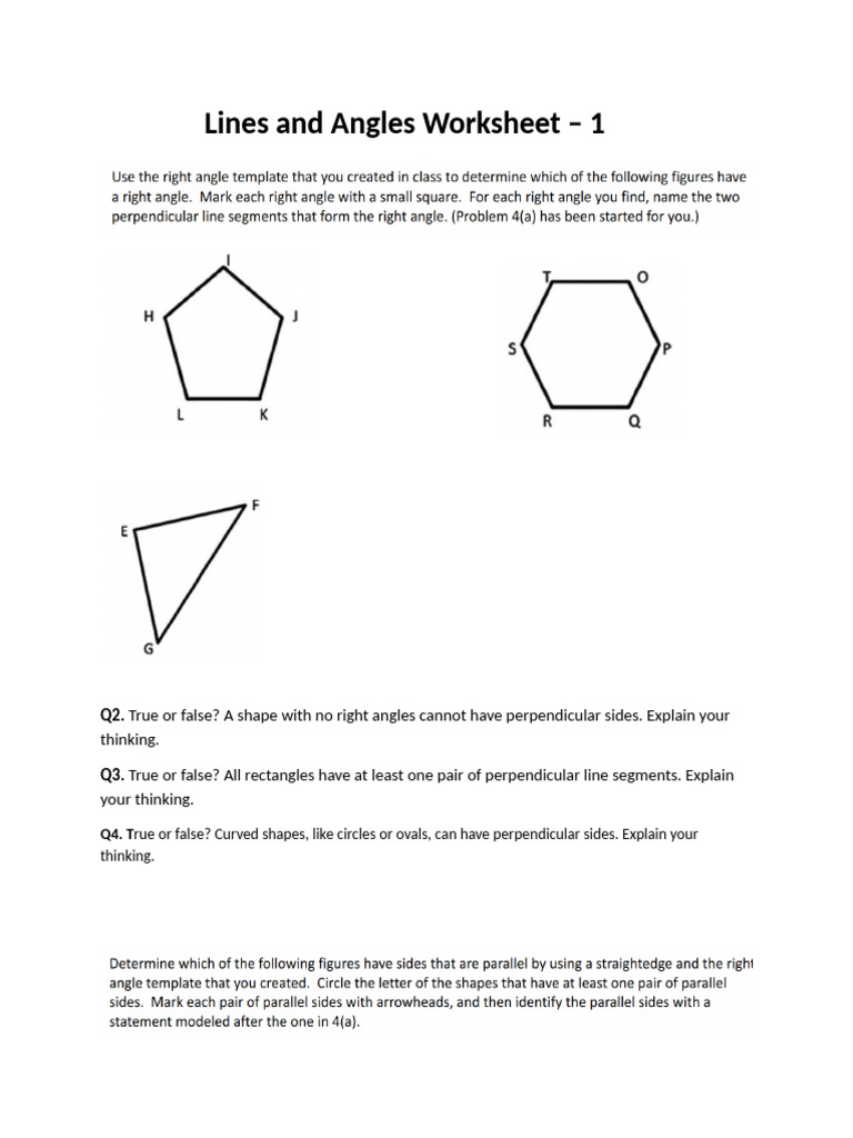 Lines and Angles Worksheet - 1 | PDF