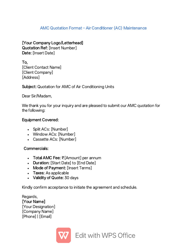 AMC Quotation Format - Air Conditioner AC Maintenance | PDF