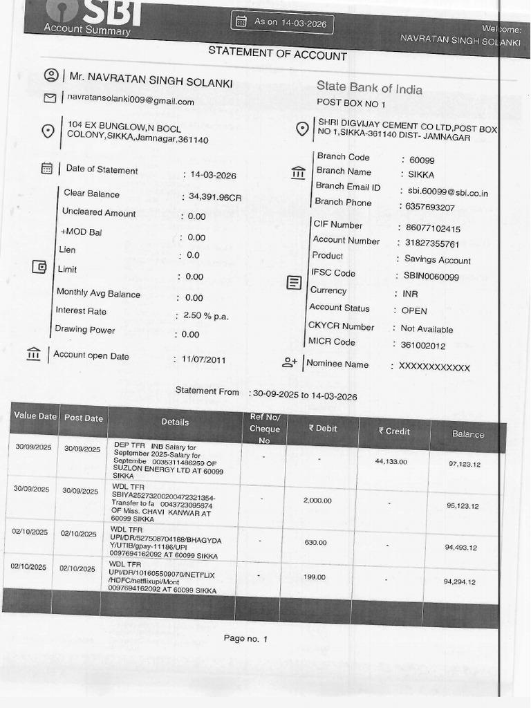 Bank Statement 30.09.2025 To14.03.2026 | PDF