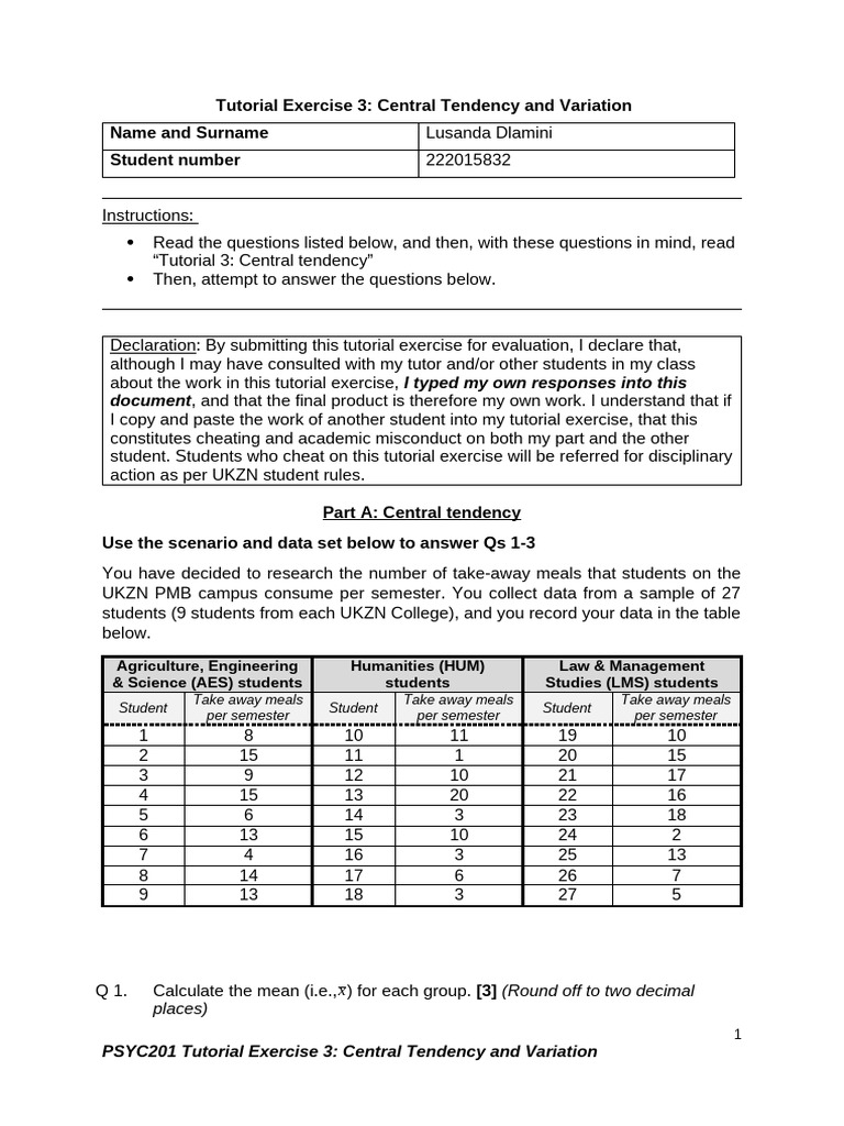 Tutorial Exercise 3 - Central Tendency and Variation | PDF | Mode ...