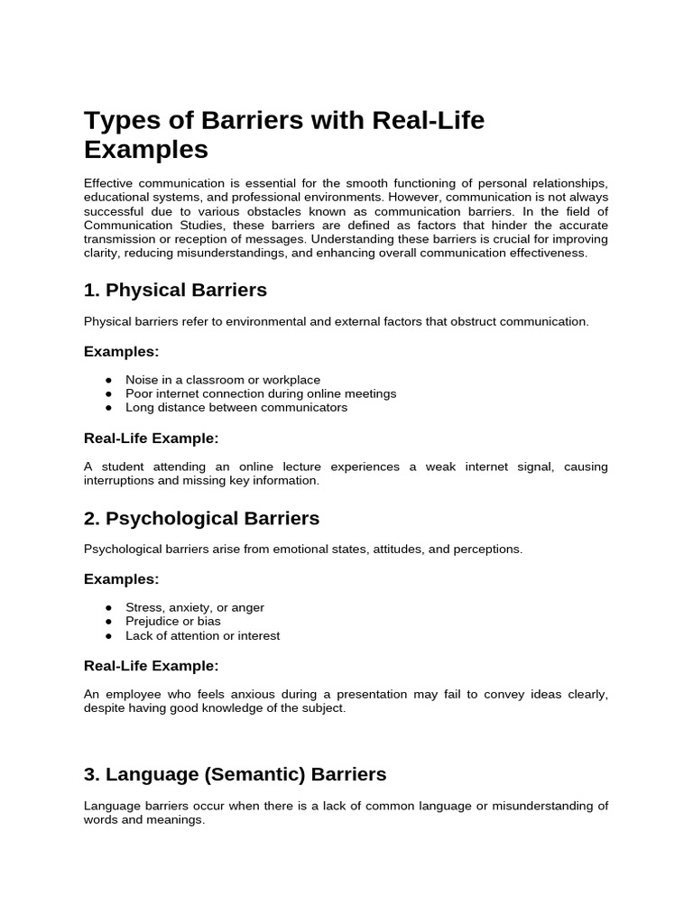 Types of Barriers With Real-Life Examples | PDF | Communication ...