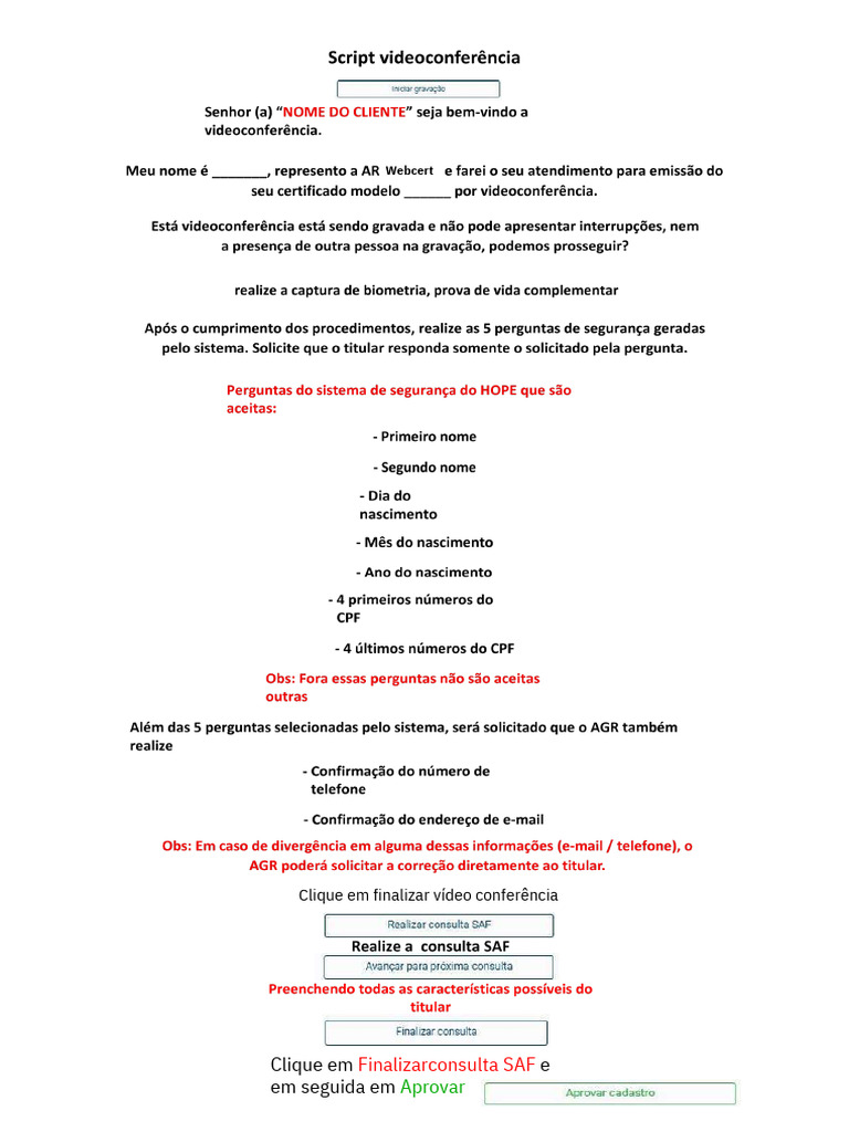 Script Video Conferência Hope Webcert | PDF