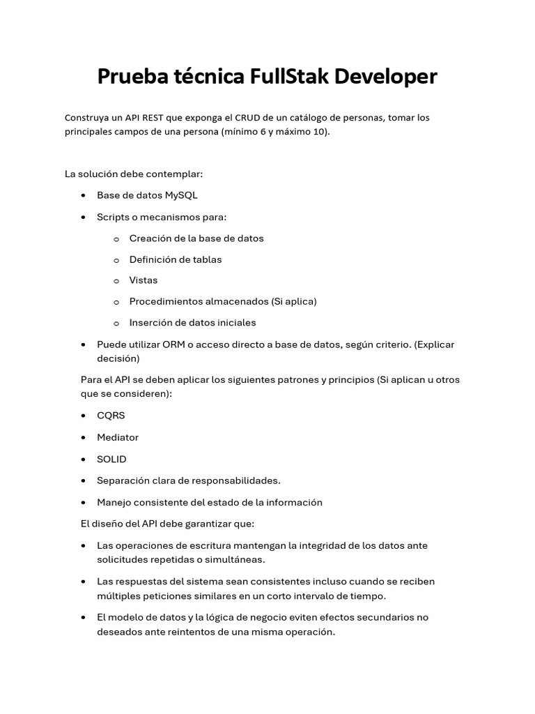 Prueba Técnica FullStack Developer 1 | PDF | Bases de datos ...