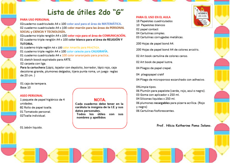 Lista de Utiles Escolares Del 2 Grado | PDF | Productos de madera ...