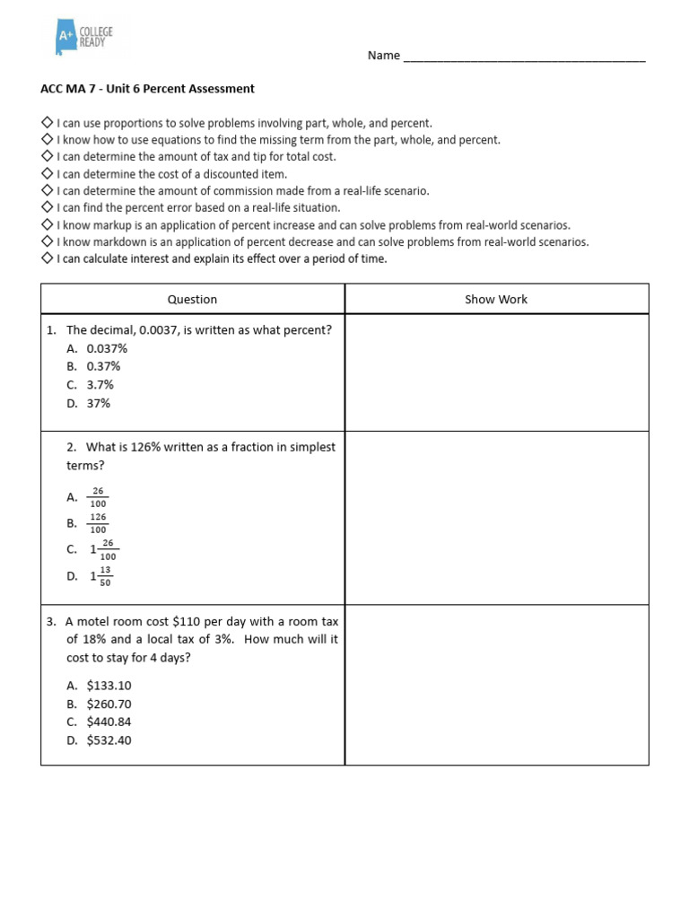 ACC MA 7 Unit 6 Assessment | PDF | Interest