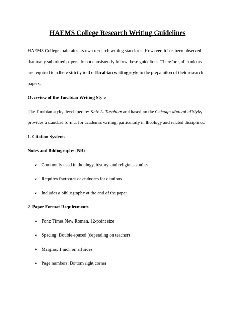 HAEMS College Research Writing Guidelines | PDF | A Manual For Writers ...