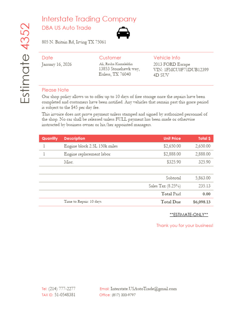 Invoice Estimate 2013 Ford | PDF