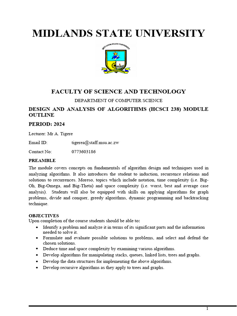 Design and Analysis of Algorithms (Hcsci 238) Module | PDF | Recurrence ...