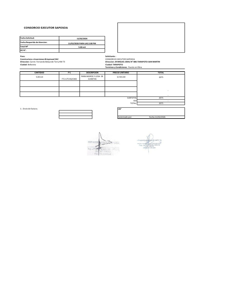 Orden de Compra - XLSX 5 m3 Muros para Las 2 PM | PDF