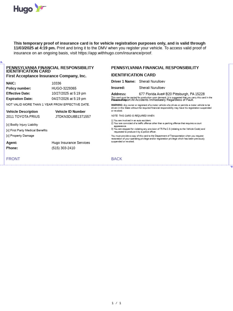 Hugo Temporary Proof of Insurance | PDF | Identity Document ...