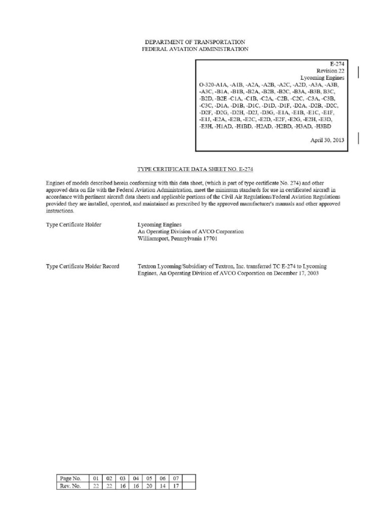 Lycoming TCDS E-274 | PDF