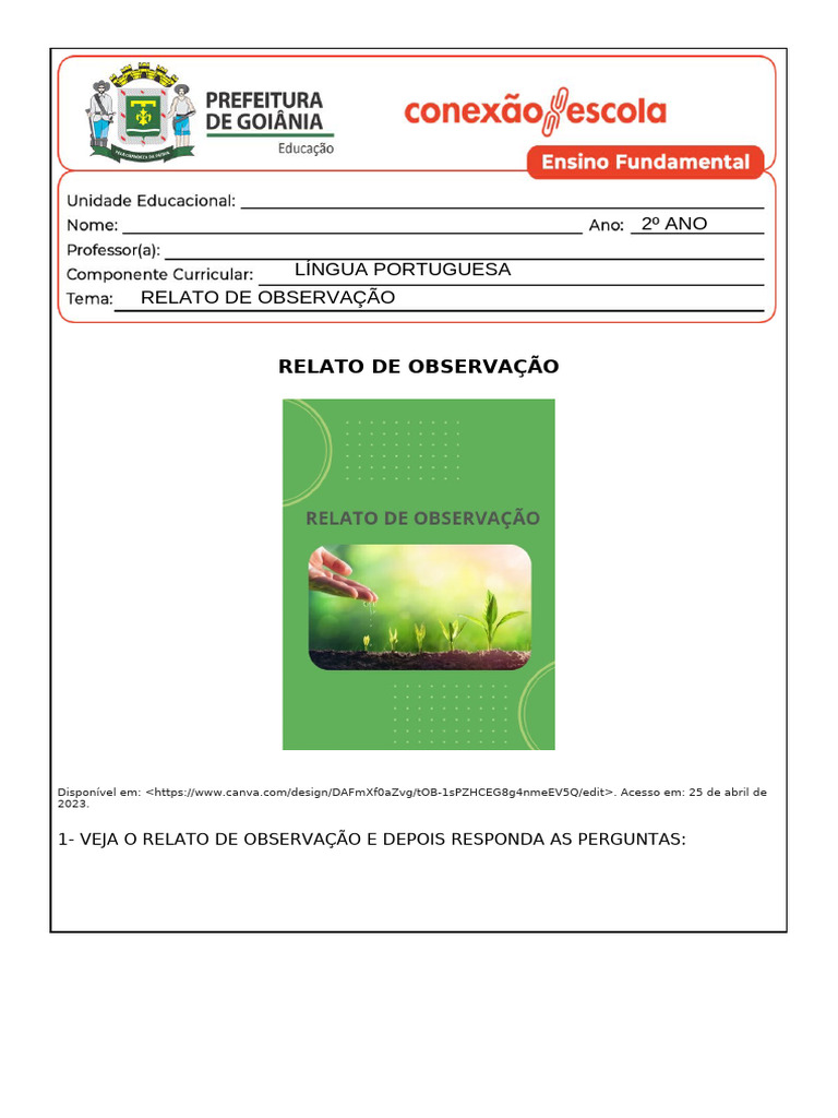 Atividade 7 - Relato de Observação 2º Ano - 2023 | PDF | Feijão | Terra