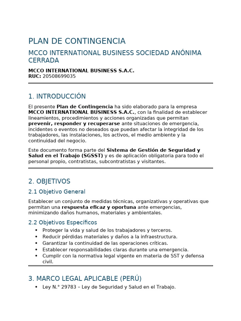Plan de Contingencia - Mcco International Business S.A.C. | PDF ...