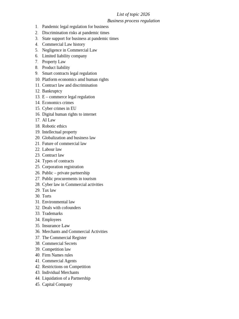 List of Topics 2026 | PDF | Legal Liability | Employment