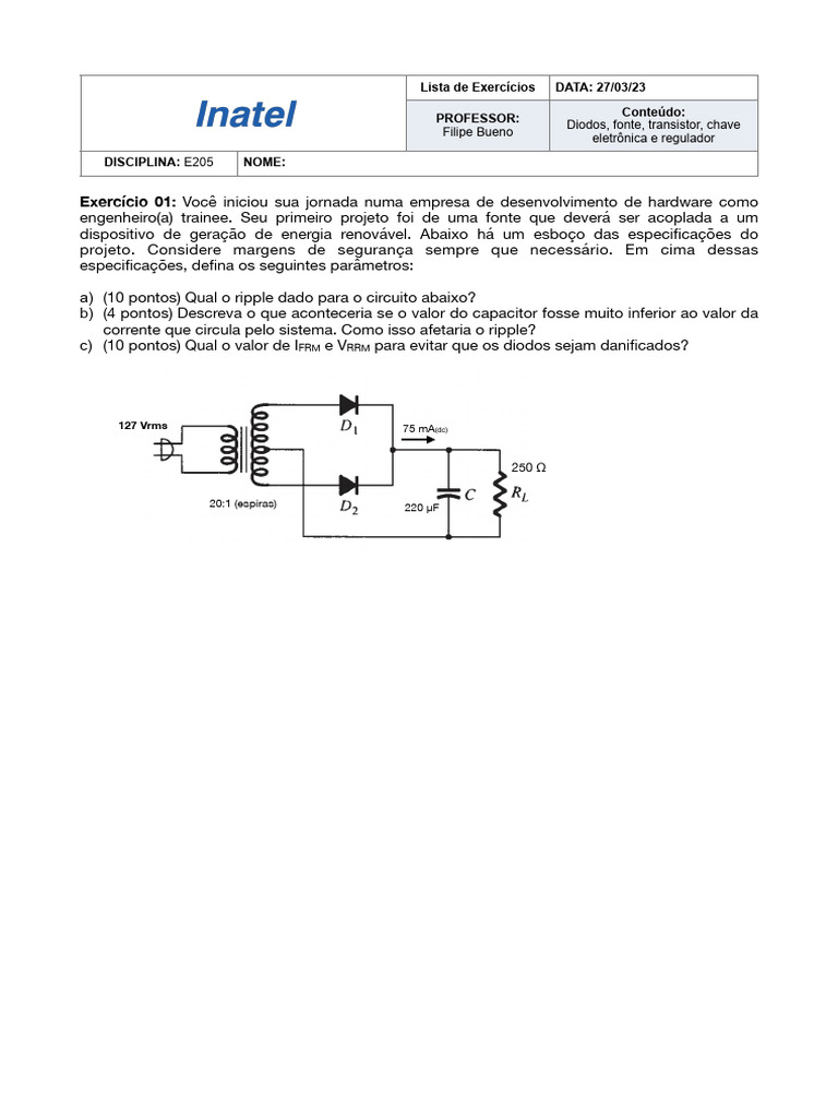 E205 - Lista de Exercícios - Parte I | PDF | Diodo | Capacitor