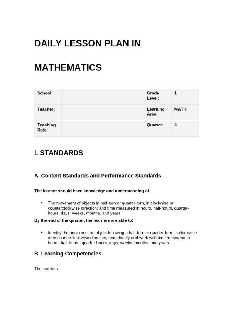 Grade 1 Math - Reading Time by The Hour (Completed Lesson Plan) | PDF ...