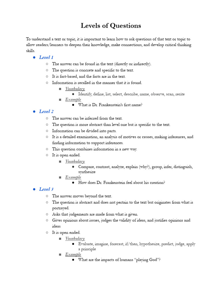 Levels of Questions (JANE) | PDF