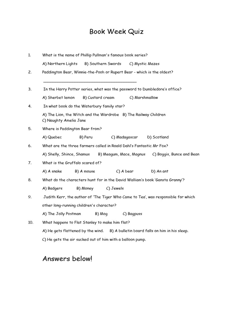 Book Week Quiz 10 Questions Just For Fun | PDF