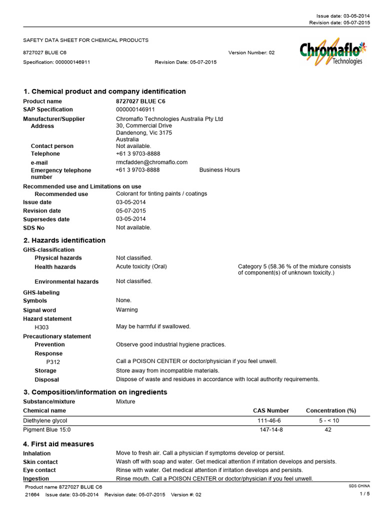 MSDS of The Blue Color Additive | PDF